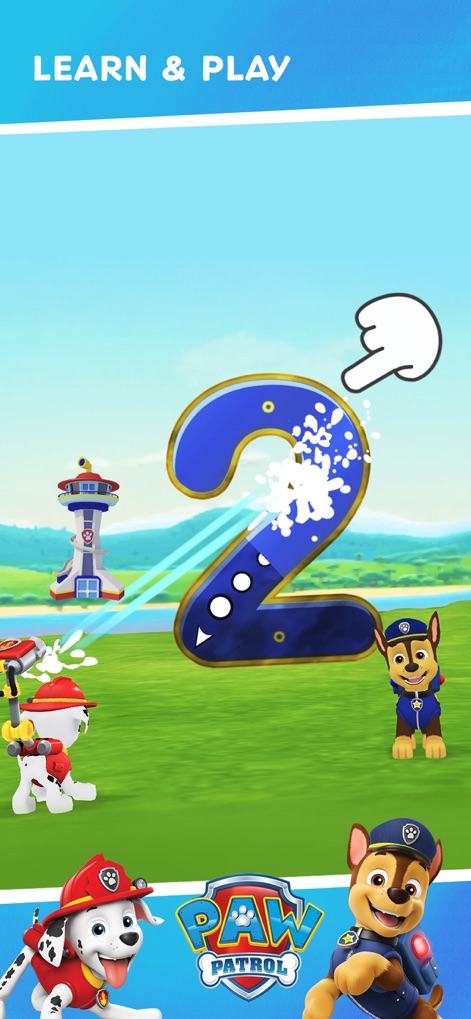 Budge World: Learning & Fun - Users can engage in educational activities, such as tracing the number '2' with a guiding finger, alongside popular PAW Patrol characters like Chase and Marshall.