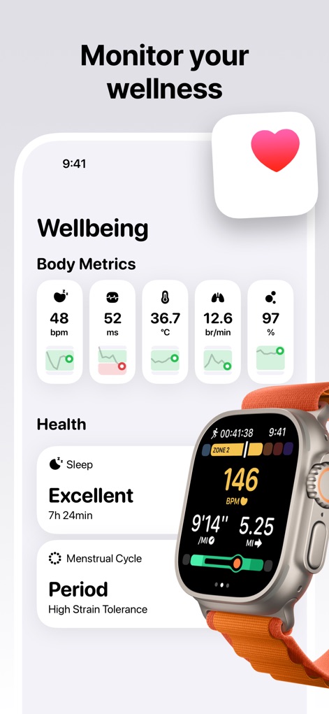 Gentler Streak Workout Tracker - This tool offers a comprehensive "Wellbeing" overview with key "Body Metrics" and detailed "Apple Watch Workout Tracking" for real-time performance insights.