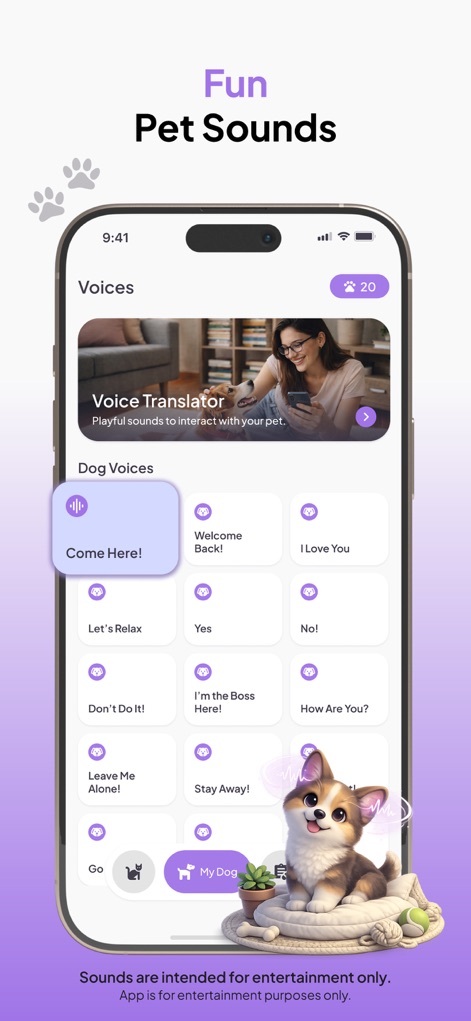 Omnipet - Pet Translator - Explore the app's entertaining 'Voice Translator' feature, complete with a diverse grid of 'Dog Voices' for playful interaction.