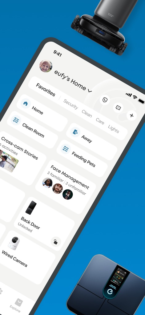 eufy - Users can effortlessly manage diverse smart home functions from a single interface, featuring dedicated widgets for "Feeding Pets" and advanced "Face Management" capabilities.