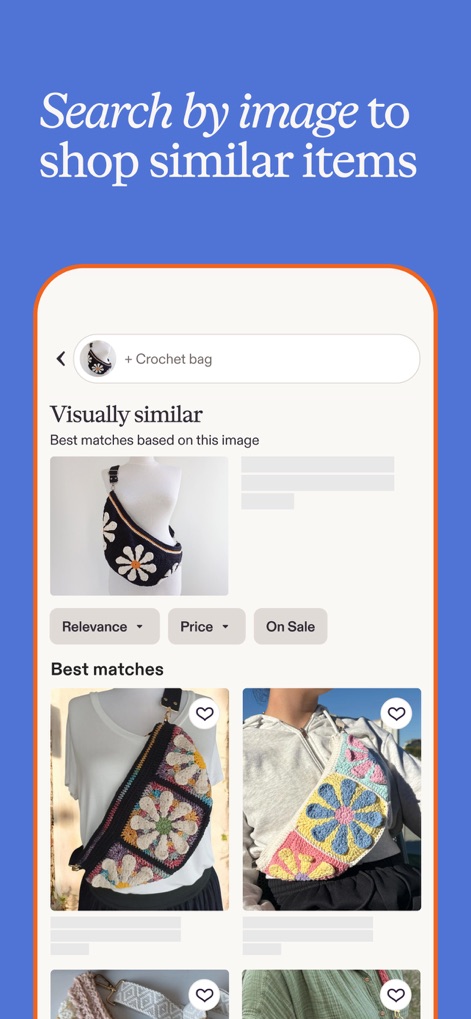 Etsy: Shop Home, Style & More - Users can leverage the innovative "Search by image" functionality, which presents "Visually similar" product recommendations based on an uploaded photo, enhancing discovery.