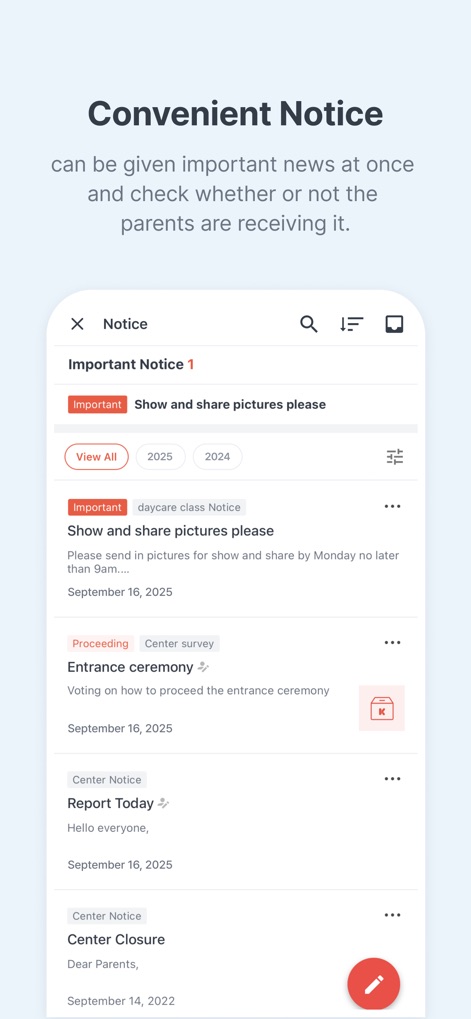 Kids Note - The convenient notice board displays important news with clear importance flags, allowing administrators to track delivery and reception status.