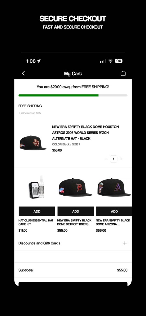 Hat Club - The app ensures a smooth purchase with a convenient 'progress bar for free shipping' and offers flexible 'payment options' including 'Buy now, pay later'.