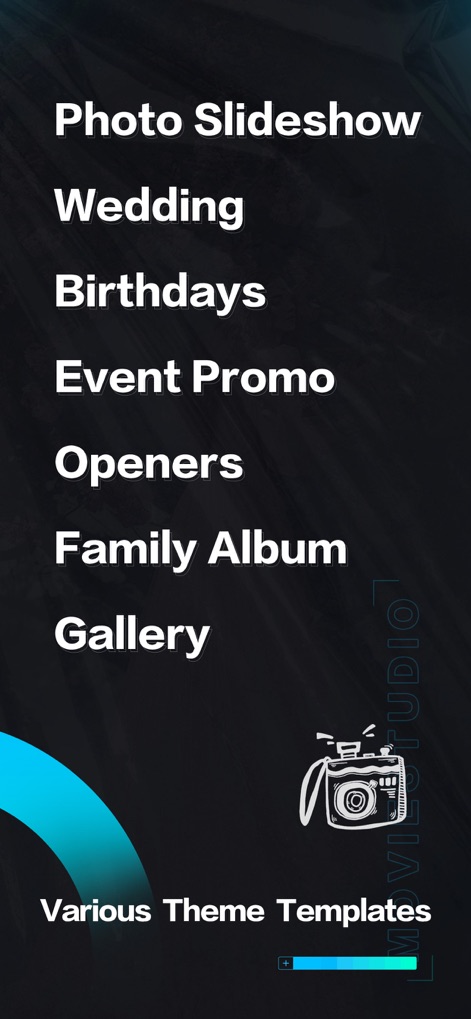Slideshow Maker - MovieStudio - Esta captura muestra un menú de navegación que enfatiza la gran variedad de temas disponibles, incluyendo opciones para presentaciones de fotos y álbumes familiares, consolidando la promesa de plantillas diversas.