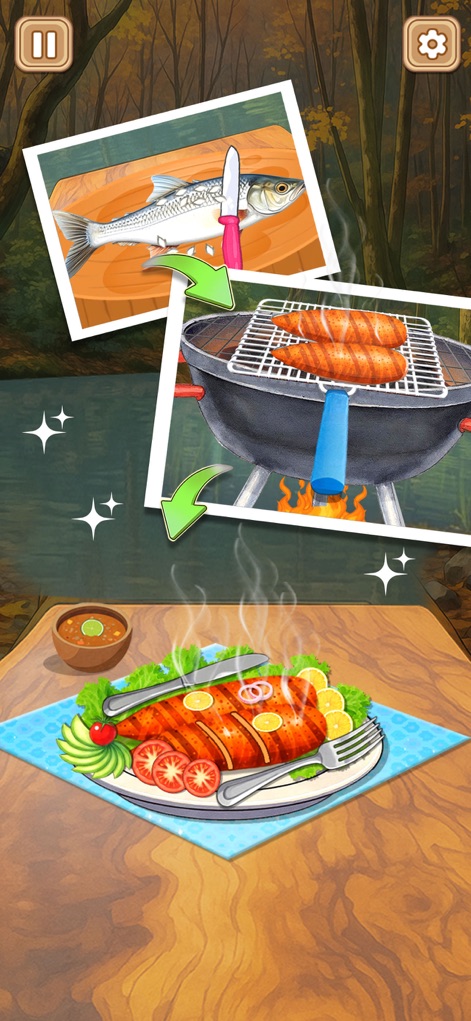 Crazy Kitchen Set Cooking ASMR - A imagem ilustra o processo culinário de preparo de peixe, desde a etapa de corte no prato até o resultado final de um peixe grelhado perfeitamente temperado.