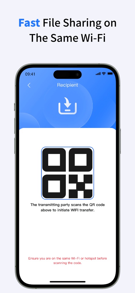 Data Transfer Move to OS - Discover the app's rapid Wi-Fi pairing method, showcasing the intuitive QR code for seamless device connection and the 'Recipient' screen awaiting transfer.