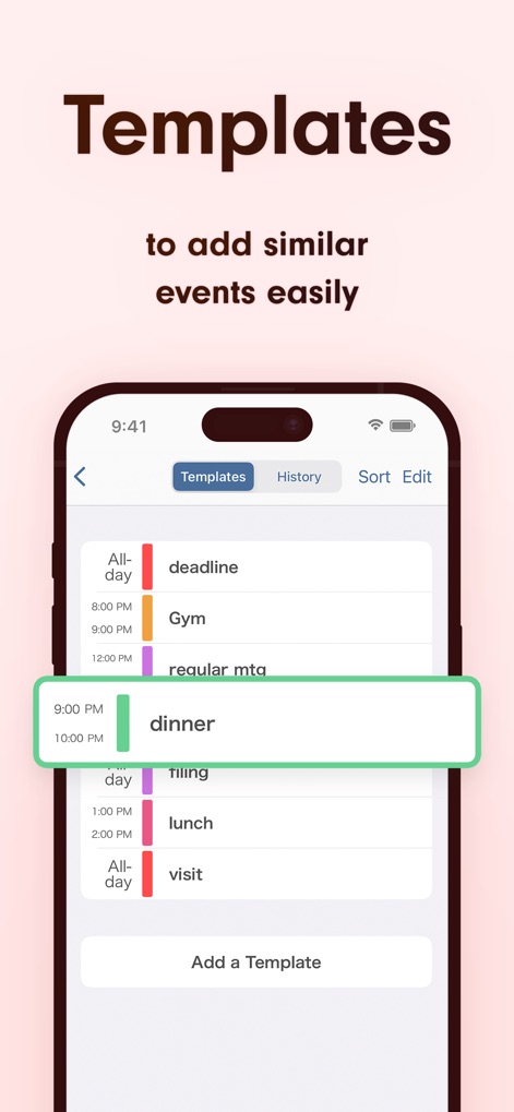 Simple Calendar: ToDo Planner - Streamline event creation using predefined templates and a clear history of past entries, significantly reducing data input time.