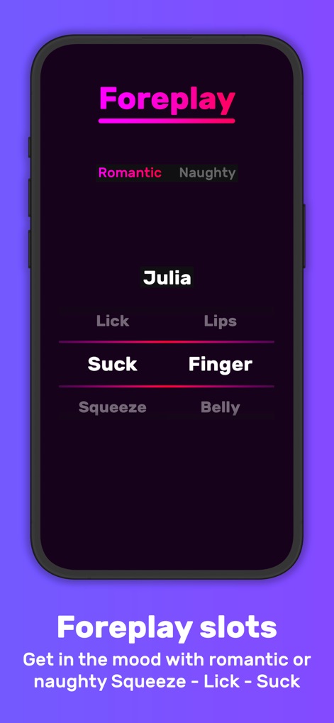 Sex Adventure: Sex Positions - This tool introduces the 'Foreplay Slots' game, where users spin virtual reels to generate playful actions like 'Suck' and target body parts such as 'Finger', enhancing foreplay with spontaneity.