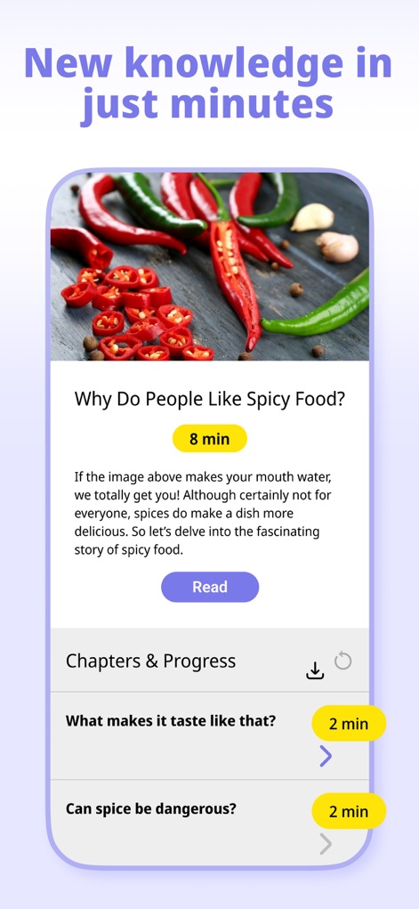 Nerdish: Daily Smart Learning - Delve into new knowledge quickly with articles showing an estimated "8 min" read time, further broken down into "Chapters & Progress" for efficient learning.