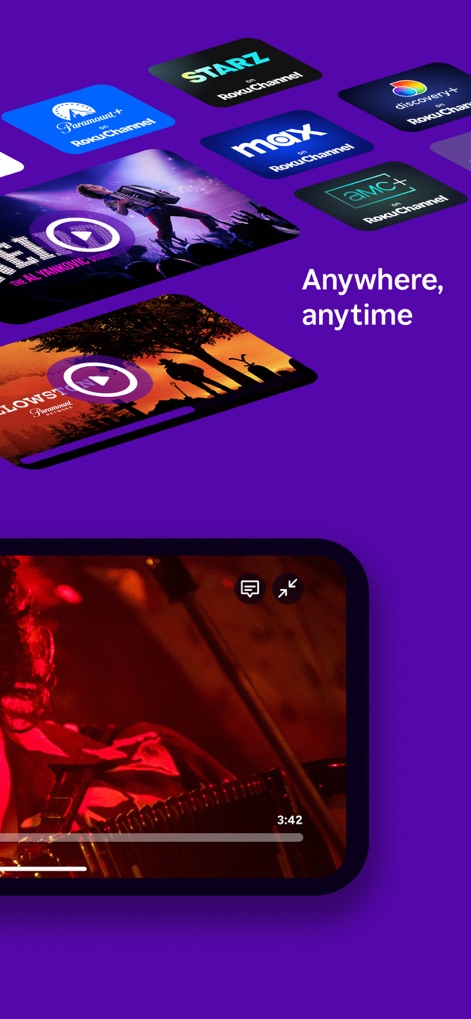 The Roku App (Official) - Permite disfrutar de contenido de diversos servicios en cualquier momento, con logos de canales como Paramount+ y MAX sobre un video en reproducción móvil.