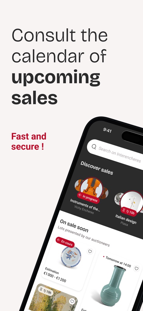 Interencheres - Online sales - The app provides a comprehensive calendar view of upcoming sales, highlighting items 'In progress' with clear estimated prices for immediate insight.