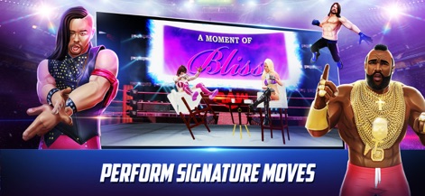 WWE Mayhem - Discover how Superstars execute their unique Signature Moves within dynamic match scenarios, highlighted by powerful visuals and stylized character designs.