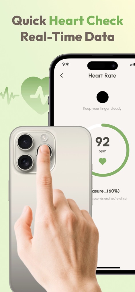 Blood Pressure Tracker+:AI Log - This tool offers immediate heart rate measurement capabilities, displaying the real-time BPM and guiding users with clear finger placement instructions for accurate readings.