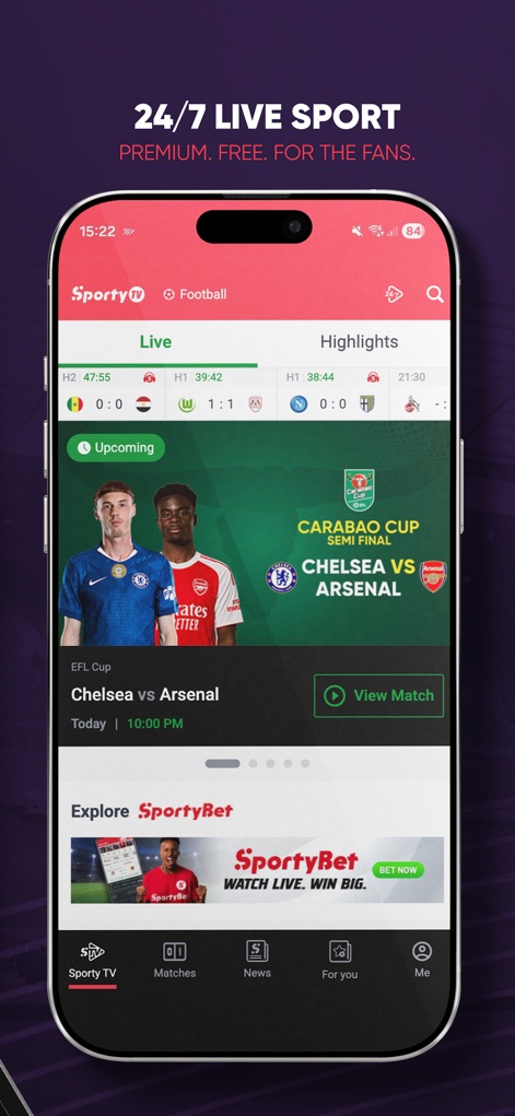 SportyTV: Live Sports Stream - Experience real-time action with the dedicated "Live" section, showcasing "Upcoming" matches with direct access to viewing options in selected regions.