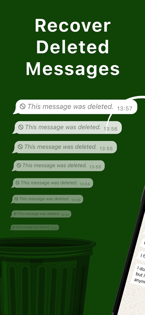 Recover Deleted Message - WARB - La aplicación permite a los usuarios recuperar mensajes eliminados accidentalmente, ilustrado por las burbujas de chat que emergen de la papelera y el texto "This message was deleted." claro en cada una.