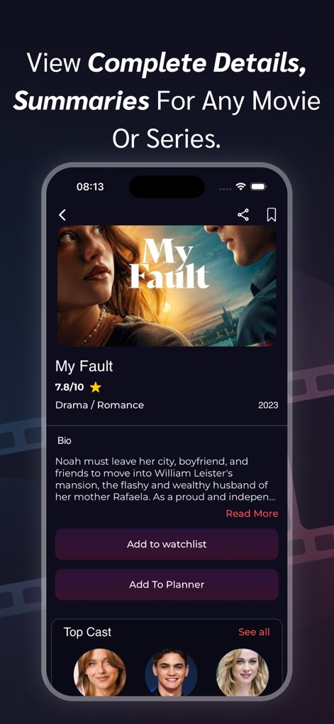 RAVE : Movies and TV shows - 詳細なあらすじ表示でストーリーを深く理解でき、「Add to Planner」ボタンを使用することで、視聴予定の作品を効率的に管理できます。