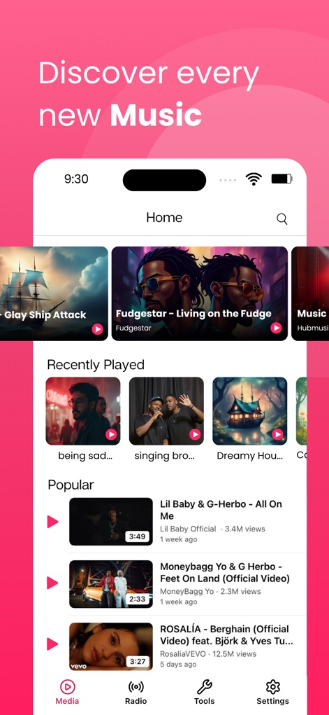 Tubidy Video Music : FM player - Gli utenti possono esplorare nuove tracce e video, con sezioni dedicate ai contenuti 'Riprodotti di recente' e una selezione di video 'Popolari'.