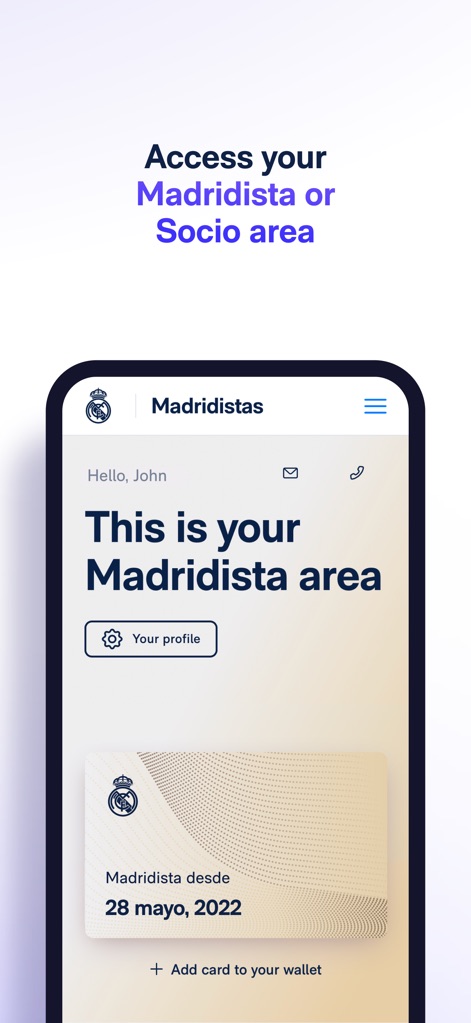 Real Madrid - The dedicated Madridista area offers personalized access for members, displaying a digital membership card and options to manage profile settings like 'Your profile' or 'Add card to your wallet'.