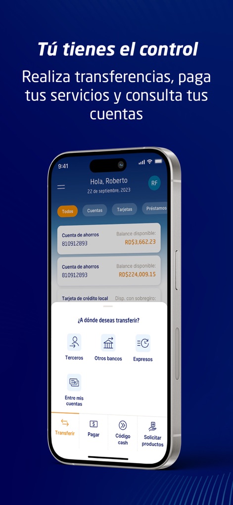 Banco Popular Dominicano - La herramienta agiliza las transferencias con múltiples opciones bien definidas, permitiendo a los usuarios elegir entre terceros, otros bancos o cuentas propias, mientras mantiene la visualización de saldos para referencia inmediata.