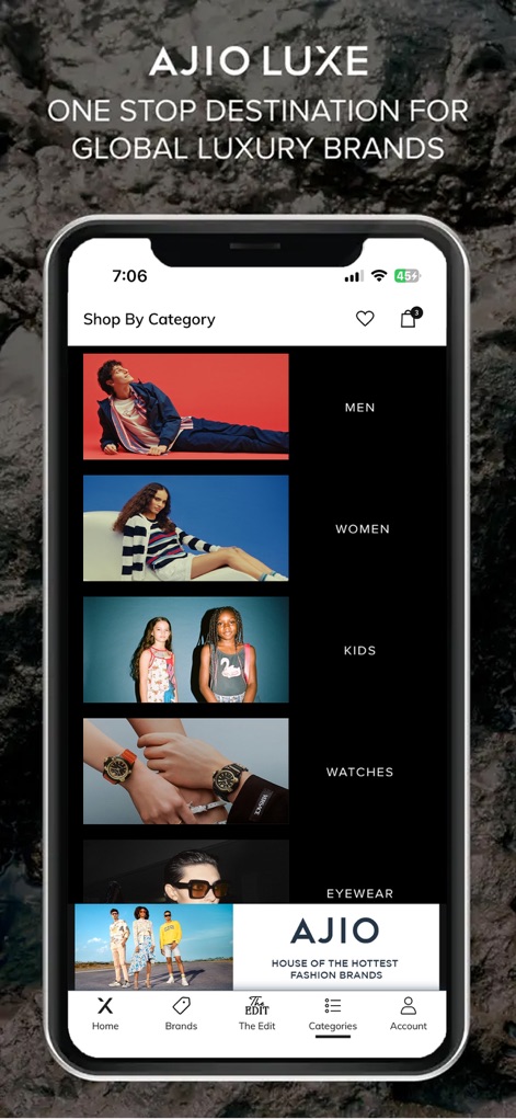 AJIO Online Shopping App - This 'AJIO LUXE' screen presents a clear vertical 'Shop By Category' list, enhanced by visually appealing imagery for sections like Watches and Eyewear, aiding quick navigation.
