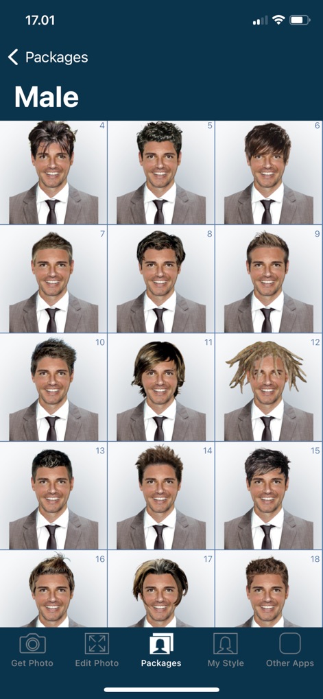 Hairstyle Try On - La sezione "Packages" dedicata agli uomini presenta una selezione di stili moderni e classici, mostrando la gamma di opzioni disponibili e l'organizzazione in una griglia numerata.
