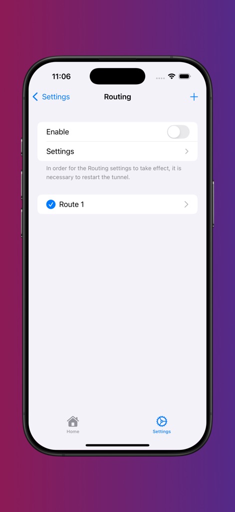 Streisand - The app provides granular control over traffic routing, featuring an 'Enable' toggle for routing rules and configurable options for individual routes such as 'Route 1'.
