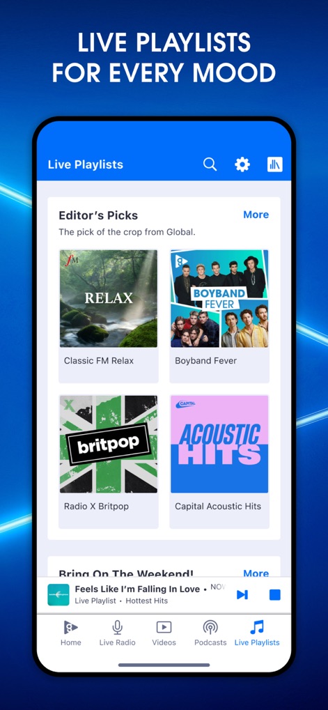 Global Player Radio & Podcasts - The app offers a wide array of curated "Editor's Picks" playlists catering to various moods, alongside an integrated live playlist player for continuous listening.