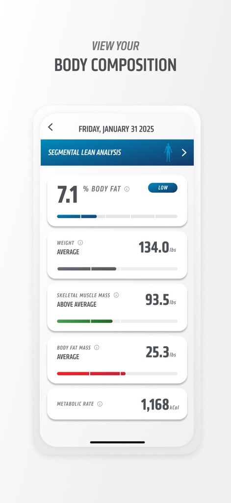 Orangetheory Fitness - La aplicación ofrece una visión detallada de la composición corporal del usuario, mostrando métricas como el porcentaje de grasa corporal y la masa muscular esquelética en tarjetas de información claras.