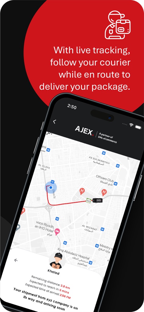 AJEX ايجكس - The app offers dynamic live tracking, allowing users to follow their courier's location on a detailed map and view essential data such as 'Remaining distance' and 'Expected time to reach'.