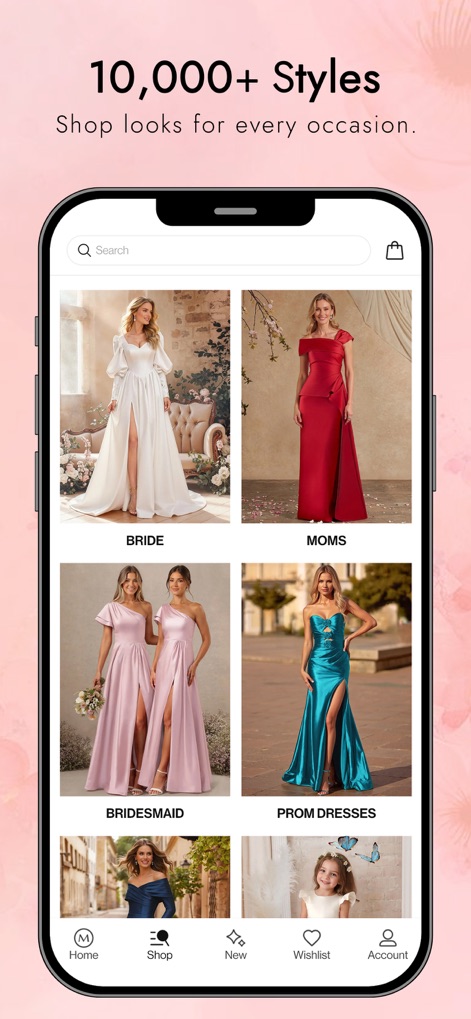 MISSACC: Bridal & Prom Dresses - Die App bietet über '10,000+ Styles' und ermöglicht es Nutzern, Kleider bequem nach Kategorien wie 'Bride' und 'Bridesmaid' zu filtern, um das perfekte Outfit zu finden.