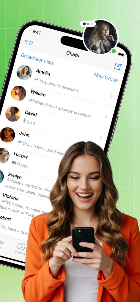 DuoChat：Clone Dual Account App - This view highlights the app's advanced communication tools, including Broadcast Lists for mass messages and the New Group option for collaborative discussions.