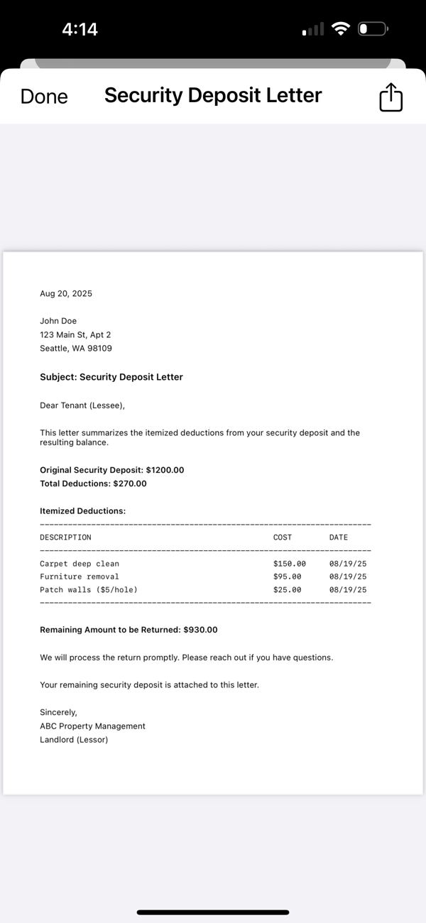 Deposit Letter PDF Generator screenshot 3
