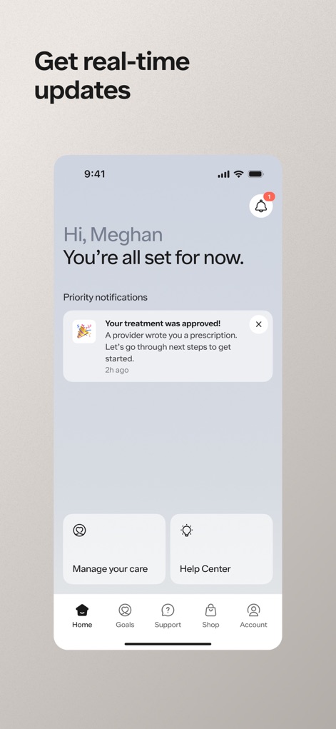 Ro: Online Healthcare - Gli utenti beneficiano di notifiche in tempo reale, come l'avviso "Your treatment was approved!", e possono gestire proattivamente il proprio percorso di cura tramite la sezione "Manage your care", mantenendosi sempre informati.