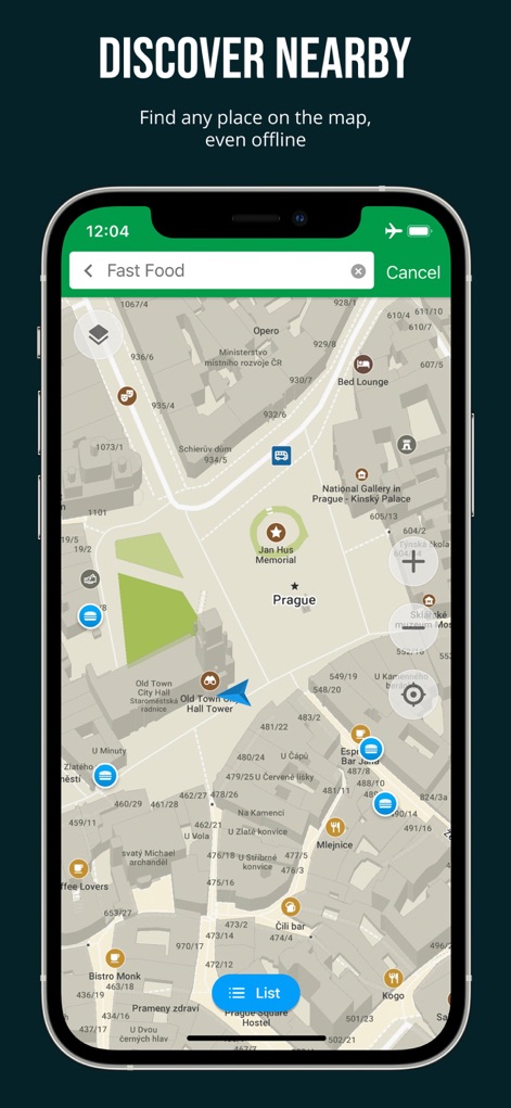 Organic Maps・Maps & Navigation - This tool enables efficient local discovery, evidenced by its intuitive search bar for categories like "Fast Food" and the dynamic display of results both on the map and via a "List" view.