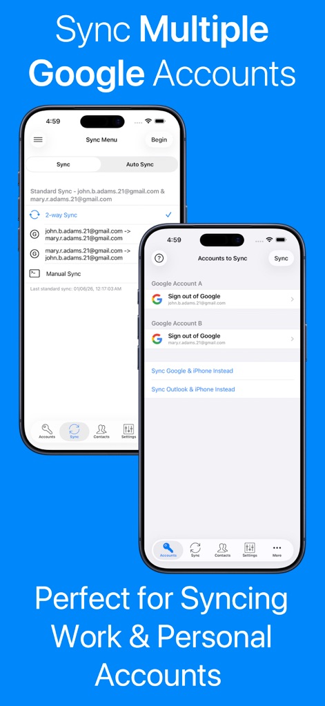 Contacts Sync: Google & More - Se visualiza la gestión de contactos para profesionales, presentando dos cuentas de Google distintas en el menú de sincronización y una pantalla para configurar 'Google Account A' y 'Google Account B'.