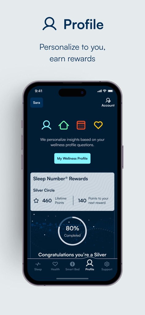 Sleep Number - This section allows access to the wellness profile for personalized insights and displays progress within the Sleep Number Rewards program.