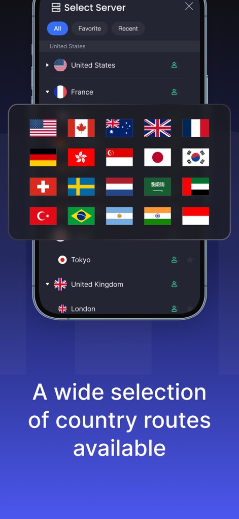 JumpJumpVPN: Fast & Secure - Cet outil offre un accès global avec une sélection étendue de serveurs, facilement reconnaissables par les drapeaux des pays et les options de localisation détaillées.