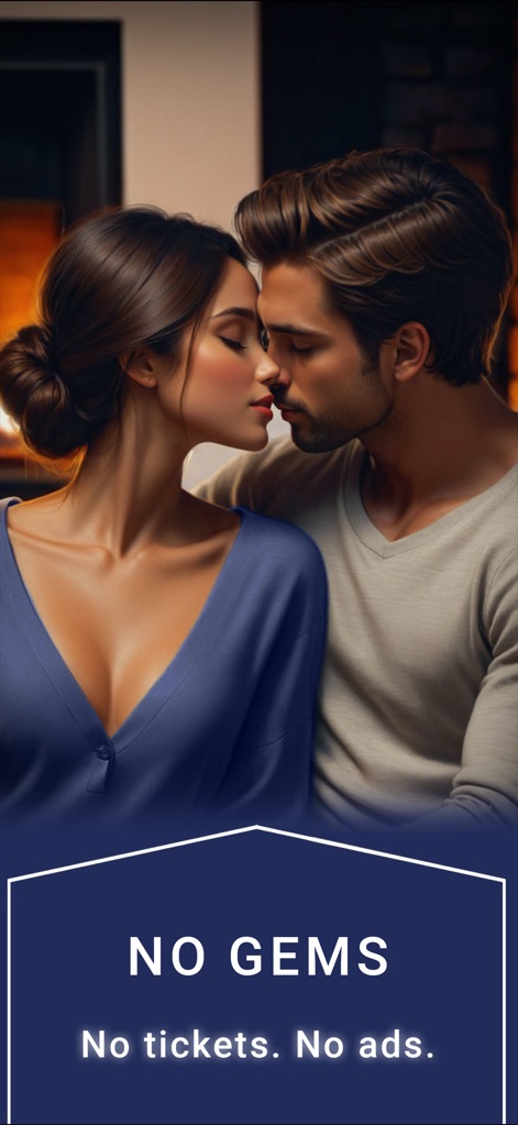 My Way: Stories & Love Episode - This image showcases a passionate romantic moment between two characters, emphasizing the app's commitment to uninterrupted storytelling with its clear "NO GEMS" policy.