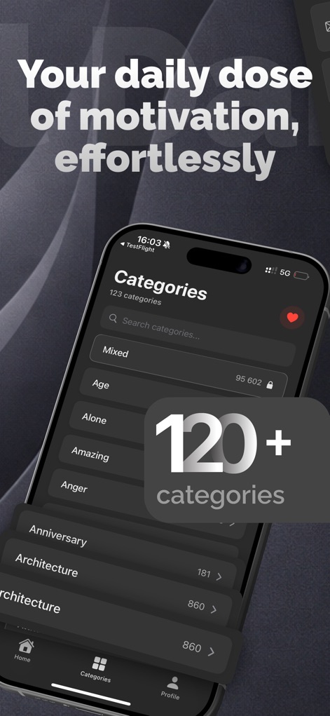 Quotty: Motivational quotes - ユーザーは120を超える豊富な「引用カテゴリ」から、気分や目的に合ったテーマを選び、「検索機能」を使って特定のジャンルの名言を簡単に見つけ出すことができます。