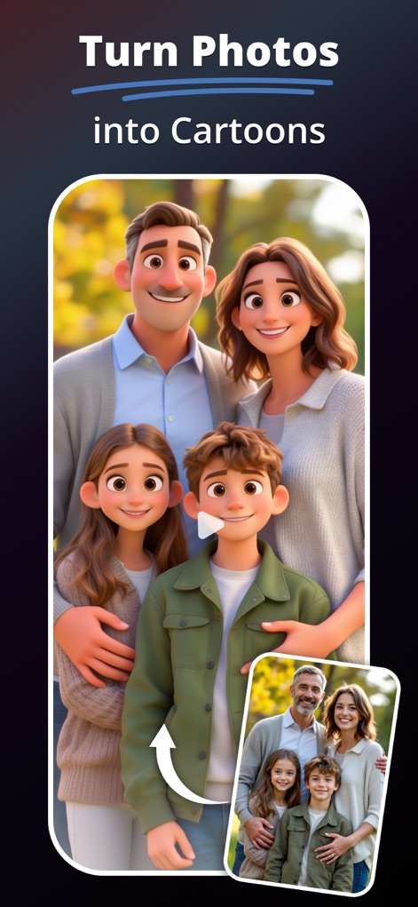 MePic－AI Photo Video Generator - Users can effortlessly turn a family photograph into a vibrant cartoon illustration, demonstrating the transformation from original image to animated style.