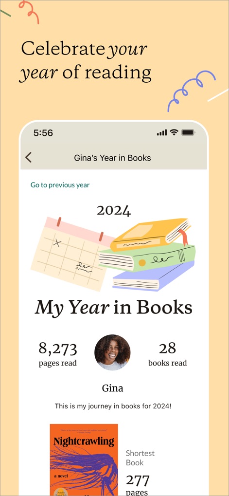 Goodreads: Book Tracker & More - This app provides a visually engaging "My Year in Books" summary, detailing accomplishments with statistics such as total pages read and books completed.