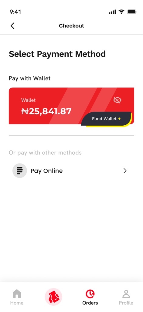 Item7go - La sección de pago presenta convenientemente las opciones de pago, mostrando el saldo actual de la cartera del usuario y ofreciendo la posibilidad de 'Pay Online' para transacciones fluidas.