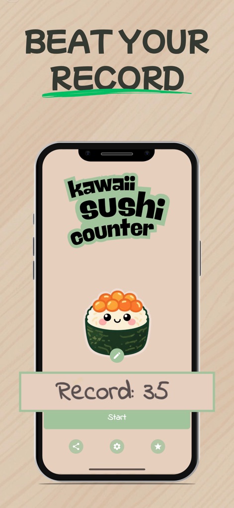 Kawaii Sushi Counter: Kawashi - This tool clearly displays the personal best 'Record' score, encouraging users to beat previous achievements and engage in fun challenges.