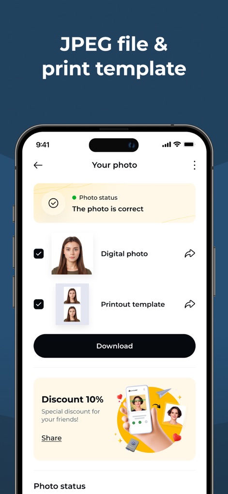 Passport Photo - PhotoAiD - Les utilisateurs peuvent télécharger instantanément leur photo validée sous forme de fichier JPEG numérique et un modèle d'impression optimisé, confirmant un statut "correct".