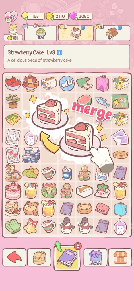 Cats Mansion - Cute Merge Game - The app integrates satisfying merge mechanics, allowing players to combine items like two slices of strawberry cake to create higher-level treats and clear the board.