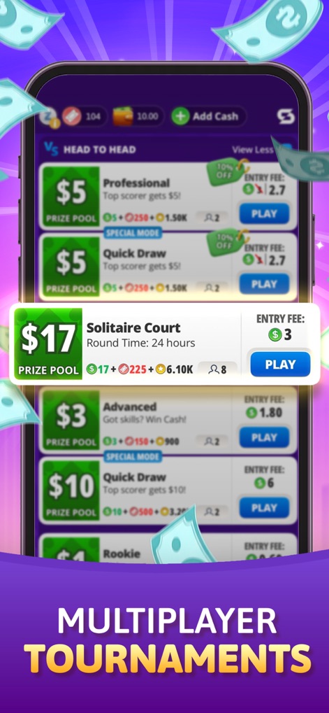 Solitaire Skillz - Win Cash - La interfaz de torneos exhibe diferentes niveles de competición, desde 'Rookie' hasta 'Professional', y detalla los pozos de premios asociados, como el de Solitaire Court con $17.
