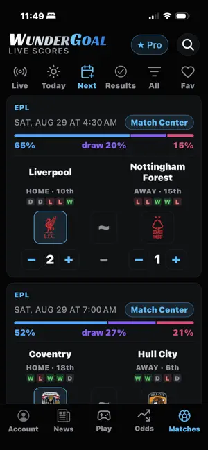 WunderGoal: Soccer Predictions screenshot 1