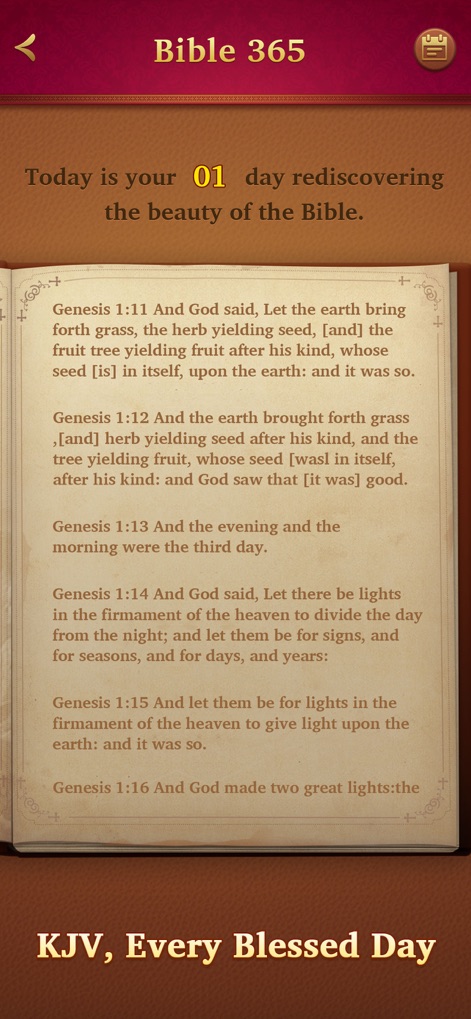 KJV Solitaire - Daily Bible - La schermata "Bible 365" offre agli utenti la lettura quotidiana delle Sacre Scritture (X) dalla Bibbia KJV, con un utile contatore che traccia i giorni di lettura consecutivi (Y) per incoraggiare la costanza.