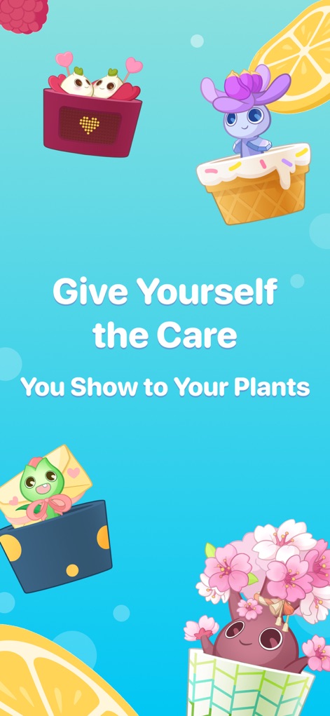 Plant Nanny Cute Water Tracker - La galería muestra una variedad de plantas animadas y criaturas encantadoras en macetas únicas, rodeadas de detalles coloridos como rodajas de limón y frambuesas, creando un ambiente visualmente atractivo.