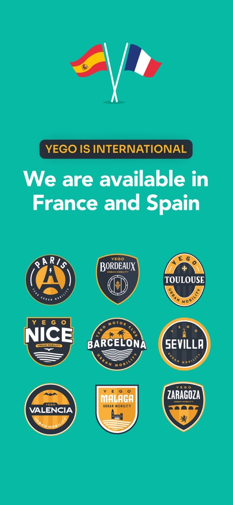YEGO Mobility - This visual confirms the app's broad reach, showcasing its presence with flags representing France and Spain, and specific city logos where services are available.